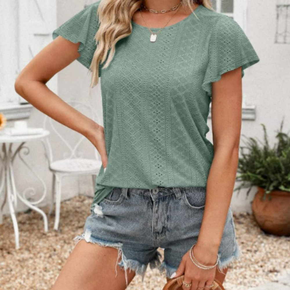 NWT Ruffle Sleeve Crewneck T-shirt Casual Blouse